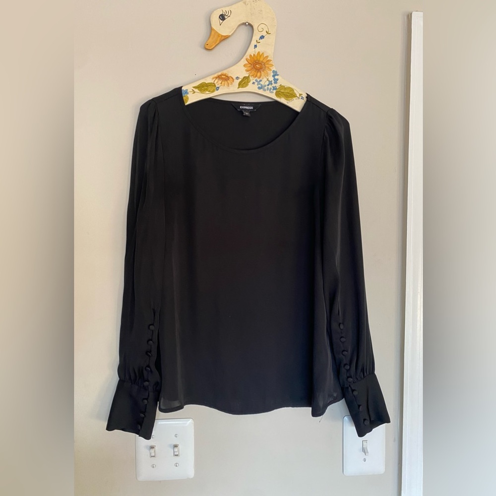 Express black polyester button cuff blouse workwear sheer long sleeve size small